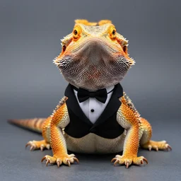 dslr portrait still of a bearded dragon wearing a tuxedo, 8 k 8 5 mm f 1. 4