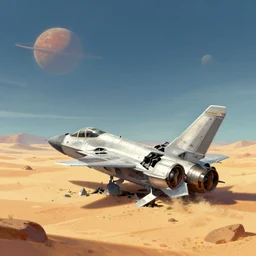 in front of a crashed fighter spacecraft on a remote desert planet, from a space themed point and click 2 d graphic adventure game, art inspired by thomas kinkade