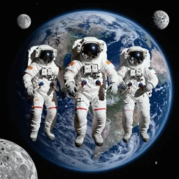 Astronauts between the moon and the Earth, on artstation, 30mm, by Noah Bradley.