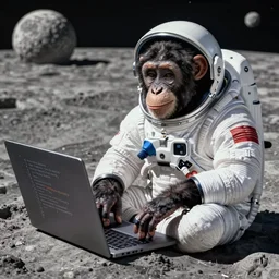 smart chimpanzee in a spacesuit coding in the macbook sitting on the moon, trending on artstation