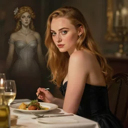sophie turner eating dinner, character sheet, character design, contrast, deep focus, turnaround, highly detailed, dramatic lighting, digital painting, artstation, concept art, matte, sharp focus, illustration, elegant, art by artgerm and greg f and alphonse mucha.