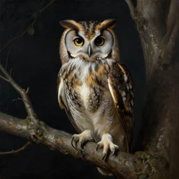 a hooded owl in a tree at night, realistic painting, classical painting, high definition, digital art, matte painting, very detailed, realistic