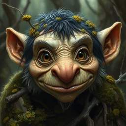 a friendly goblin with a big ( ( human ) ) nose and wide eyes, dark hairs, big ears, covered in branches and moss, portrait by daniel docciu and dave dorman and jeff easley