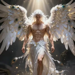 beautiful full body muscular male angel with long white hair, peacock feathers ,wings with eyes, shining light, god rays by Karol Bak, Ayami Kojima, Amano