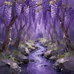 wisteria forest with a narrow rocky purple river flowing through it. digital painting. trending on artstation.