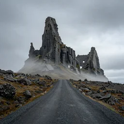 Iceland´s gravel road, monumental, old ruins tower of a dark misty, by Simon Stålenhag, sci-fi of Iceland landscape, rocks, clouds, mist, Zhangjiajie in early morning, light and shadow, Shin-hanga by Thomas Kinkade and Bob Ross, traditional Japanese colors, superior quality, masterpiece, featured, trending, award winning, HDR, HD, UHD, 4K, 8K, anamorphic widescreen
