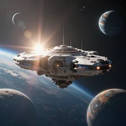 Alien mothership above a planet, lens flare, atmosphere, visible planets, stars, glow, detailed, full of colour, cinematic lighting, trending on artstation, 4k, extreme details, cinematic, masterpiece, by Andrian Luchian