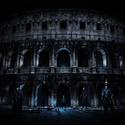 gladiator arena with black walls and eerie, mysterious blue lights, high contrast in the style of marcin rubinkowski, greg rutkowski, lorenzo lanfranconi, oleg zherebin, trending on artstation