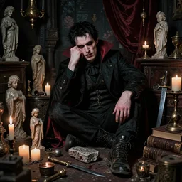night portrait of a neurotic british man ( ( ( vampire ) ) ) feeling confidant in a cluttered room full of ancient artifacts candles dark dusty statues runes books magical arcane instruments ritual stone knife drapery atmospheric hdr blood f / 1. 4