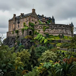 a beautiful digital graphics design portrait of Edinburgh castle overgrown with plants, caledonian forest, matte painting, fantasy art, highly detailed