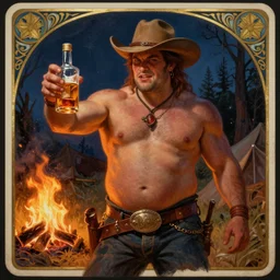 a dramatic, epic, ethereal tarot painting of a ruggedly handsome mischievous thicc shirtless cowboy with a beer belly wearing a large belt and offering food and whiskey | background is a late night campfire |  tarot card, art deco, art nouveau | by Mark Maggiori | trending on artstation