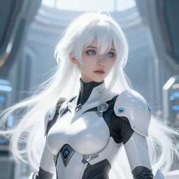 perfect white haired girl, warframe armor, beautiful, dreamy, pretty face, blue eyes, portrait, detailed, bright light, scifi, amazing, utopian architecture in the background, laboratory, 4 k, ultra realistic, aura of light, cinematic, high detail, masterpiece, art by akihito tsukushi, akasuki brightmind