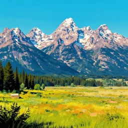 grand teton national park, landscape portrayed in comic book art, 1 9 6 0 s retrofuture, eccentric colors, rule of thirds, iphone wallpaper