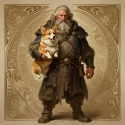 portrait of a old, ruggedly handsome man holding a corgi dog, soft hair, muscular, full body, cloth, hairy, d & d, fantasy, intricate, elegant, highly detailed, digital painting, artstation, concept art, smooth, sharp focus, illustration, art by artgerm and greg rutkowski and alphonse mucha