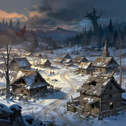 Beautiful detailed high quality illustration of an abandoned and destroyed old Slavic village, dreadful forest on background::vibrant winter, ominous mood, evening sunlight::art by Ghibli Studio, League of Legends, Arcane, Wild Rift, trending on artstation