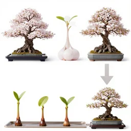 photo of time lapse sequence of a sakura seed growing into a sakura bonsai tree