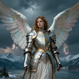angel, big wings, hudson river school, low key light, full plate armor with cloth, f 1 6, bokeh, extreme close up portrait, gentle, female, snowy mountain, storm clouds, god rays, landscape, d & d, fantasy, elegant, teal pink white gold color palette, concept art, artgerm and greg rutkowski and alphonse mucha