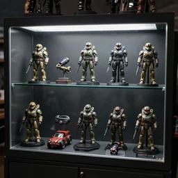 a dark gift shop display case with master chief toys figures, accessories, and vehicles. 3 5 mm f / 2. 8 macro lens. halo 2 box art 2 0 0 7. 3 d blender rendered in 5 0 0 0 cycles