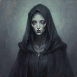 a painting of a hooded creature with a necklace by ben templesmith and ben templesmith, concept art, fantasy art, wiccan, lovecraftian, mystical trending on cgsociety, trending on artstation