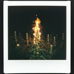 tall cannabis meadow burning on fire at night, polaroid