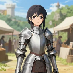 anime portrait of a young woman knight in armor in a open air medieval market, from a distance, ilya kuvshinov, kyoani, artgerm, krenz cushart, erik jones, hiroaki samura, yoshinari yoh, katsuhiro otomo, cel shaded, anime poster