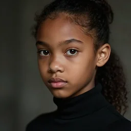 a photorealistic hyperrealistic, bright brown eyes, light skinned african young girl, ponytail hair, flawless face, asian eyes, cute face, black turtle neck shirt, by wlop, artgerm, greg rutwoski, alphonse mucha, beautiful dynamic dramatic low - light moody lighting, cinematic atmosphere, artstation, concept design art, octane render, 8 k