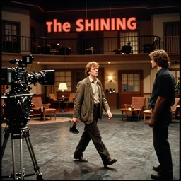 cinematography of jack torrence walking with an axe from stanley kubrick's 1 9 8 0 film the shining, inside the soundstage set for the overlook hotel interior shot on 3 5 mm eastman 5 2 4 7 film by the shining cinematographer john alcott shot on a 6 5 mm cooke panchro macro lens with golden ratio composition
