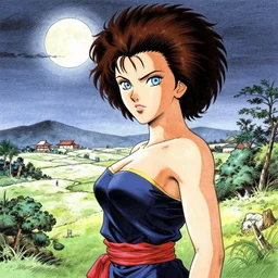 scarlett johansson with blue eyes in afro samurai anime style, in beautiful japanese landscape, dynamic wide angle lens, manga style, greg rutkowski, pencil and ink, full moon lighting