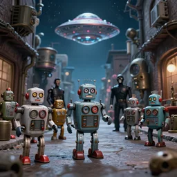 anime cartoon of 1 9 5 0 s scifi, tin toy robots, ufo, flying saucer, moon, meninblack, steampunk, alley, streets, walter sickert, earl norem, depth of field, hyperrealistic, octane render detailed and intricate environment