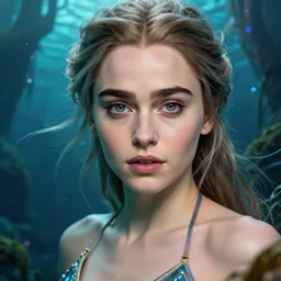 emilia clarke as khaleesi wearing a magical bikini in an underwater magical forest, highly detailed face, realistic face, beautiful detailed eyes with a piercing gaze, fantasy art, in the style of artgerm, illustration, epic, fantasy, intricate, hyper detailed, artstation, concept art, smooth, sharp focus, ray tracing, vibrant, photorealistic