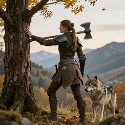 a warrior woman in rests an axe on her shoulder, she is grabbing a nearby tree, looking onto the horizon, next to her is a wolf companion, fall, mountain landscape, portrait by magali villeneuve, 4 k, artstation, realistic, magic the gathering