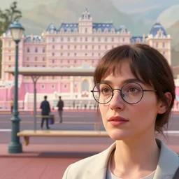 cinematic mid shot of a high detail, woman's face looking off camera, with round glasses. fine facial features. she stands in a pastel colourful 3 d, bus stop street scene by jeffrey smart and gregory crewdson and edward hopper, inspired by the grand budapest hotel, pinks, blues, yellows
