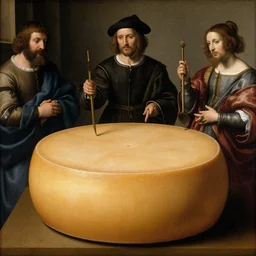 beautiful renaissance painting of a gouda cheese wheel by jan van eyck, titian, piero della francesca