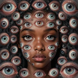 eyes!! a black girl with many eyes!, surreal art by colin christian, junji ito, anton semenov and mc escher and ian miller in a surreal portrait style, trypophobia! eyes, eyes everywhere, symmetry, eyes!, homicidal eyes, ( hypnotic optical illusion )!, delicate and intricate, highly detailed, infinite intricacy