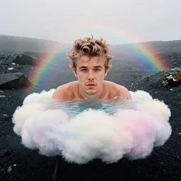 high quality pastel coloured film close up wide angle photograph of justin bieber wearing clothing swimming on cloud furniture in a icelandic black rock environment in a partially haze filled dreamstate world. three point light, rainbow. photographic production. art directed. pastel colours. volumetric clouds. pastel gradient overlay. waves glitch artefacts. extreme facial clarity. 8 k. filmic.