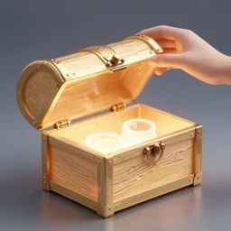photo of person opening a glowing treasure chest, inside the treasure chest are several small men looking excited holding small chocolate coins. stylish, vibrant