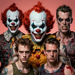 4 k headshot of scary godlike psychedelic clown from macfarlane comics, tattoos by craig mullins, ilya kuvshinov, indomitable, krenz cushart, blood spatter, muscular, symmetry accurate features, epic, artgerm trending on artstation by edward hopper and dan mumford and wlop and rutkovsky, beksinski carl spitzweg moebius and tuomas ko