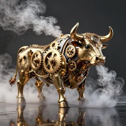 a clockwork mechanical bull there are gears sticking out of the bull steam emanates from the bull and thick clouds of steam swirl around the clockwork bull, ultra high detail, high particle effects, highly reflective surface, realistic reflections