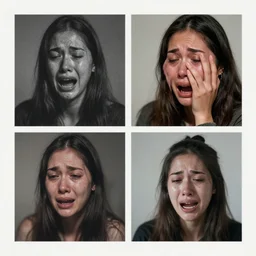 an artist crying while looking at four images on a grid