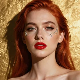 portrait of a woman, high sharpness, zeiss lens, fashion photoshoot, neon shadows, red hair, red lipstick, against gold, they have rhinestones on their face, ralston crawford, annie leibovitz and steve mccurry, georgia totto o'keeffe,, artistic, hyper - realistic, beautiful face, octane rendering