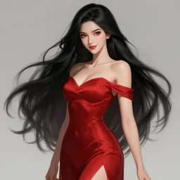 a highly detailed illustration long black haired woman wearing red dress, elegant smiling pose, perfect face, perfect body, intricate, elegant, highly detailed, centered, digital painting, artstation, concept art, smooth, sharp focus, league of legends concept art, wlop