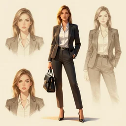 Character concept sheet of Business Woman, hyperdetailed, artstation, cgsociety, golden hour 8k