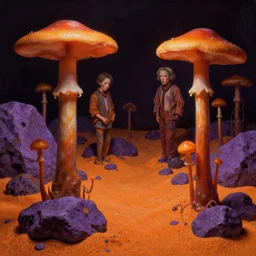 a slimy mushroom garden by simon stalenhag and hubert robert and zacharias aagaard and gillis rombouts and samuel beal, hyperrealism!, orange sand, purple rocks, chiaroscuro!!!!, tonalism!, desaturation, high contrast, vibrant!, highly detailed, volumetric light