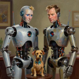 an episode of frasier, set in the year 2 1 2 2, frasier and niles are bio - mechanical robots. frasiers dad is a cyborg, and the little dog is a droid, intricate detail, volumetric shadows and lighting, realistic oil painting by tim hildebrandt,