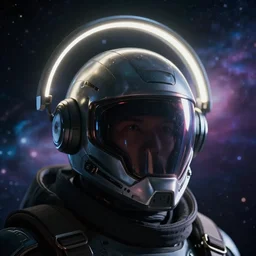 photorealistic scene of a cyberpunk halo helmet with light reflection looking at space with cosmos background, extremely close shot, 8k, cinematic, epic