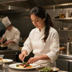 portrait of an attractive female chef ( with very long dark hair tied in a ponytail ) cooking a meal, ( ( wholesome, ) ) blurry background of the kitchen of a highend restaurant, bloom, medium shot, waist up, dramatic lighting, in the style of studio ghibli, j. c. leyendecker, greg rutkowski, artgerm