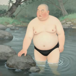 fat bald man in bikini touches stones in river with closed eyes, chinese contemporary art yue minjun