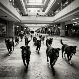 camera footage of a Dozens of Feral Black Dogs with rabies running in an abandoned shopping mall, high exposure, dark, monochrome, camera,  grainy, CCTV, security camera footage, timestamp, zoomed in, Feral, fish-eye lens, Nightmare Fuel, Dog, Evil, Zerg, Brood Spreading, Motion Blur, horrifying, lunging at camera :4