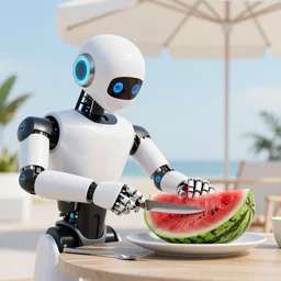 a robot cutting watermelon under a sun umbrella on a summer day, sharp focus, trending on artstation, hyperdetailed, digital art, crepuscular ray, cinematic lighting, unreal engine 5, frostbite 3 engine