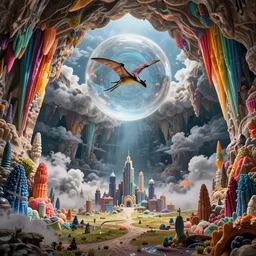 a ultra - realistic massive volume cave : 5, ; brightly coloured perfect stalactites : 4 ; miniature futuristic city : 8, open plains : 2, mysterious clouds : 2, highly symmetrical, a pterodactyl flying in a huge perfect glass sphere, octane render hd, 4 k, ultra - realistic, in unreal engine, trending on artstation, concept art